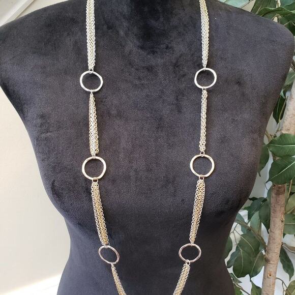 Womens Gold Silver Ring Station Multi-Chain Long Necklace with Lobster Clasp - Picture 2 of 6